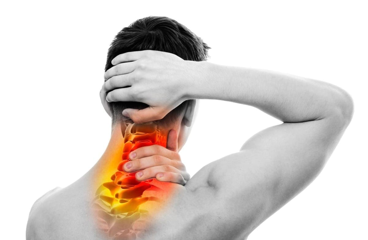An image of the spine is transposed over a photograph of a man to demonstrate the symptoms and causes of neck pain.