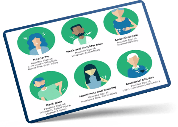 Graphic design of patient icons showing different signs of auto injury | Headache, Neck & Shoulder Pain, Abdominal Pain, Back Pain, Numbness & Bruising, Emotional Distress