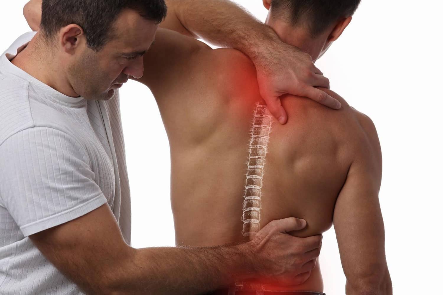 A man is getting back pain relief from chiropractic treatment.