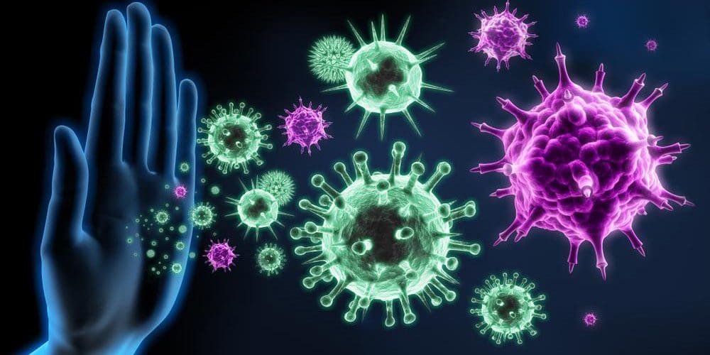 Illuminated hand stopping bacteria and pathogens.