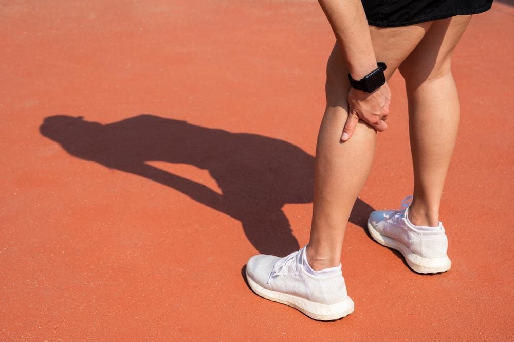 Female runner grasping the back of her knee while standing on the track.
