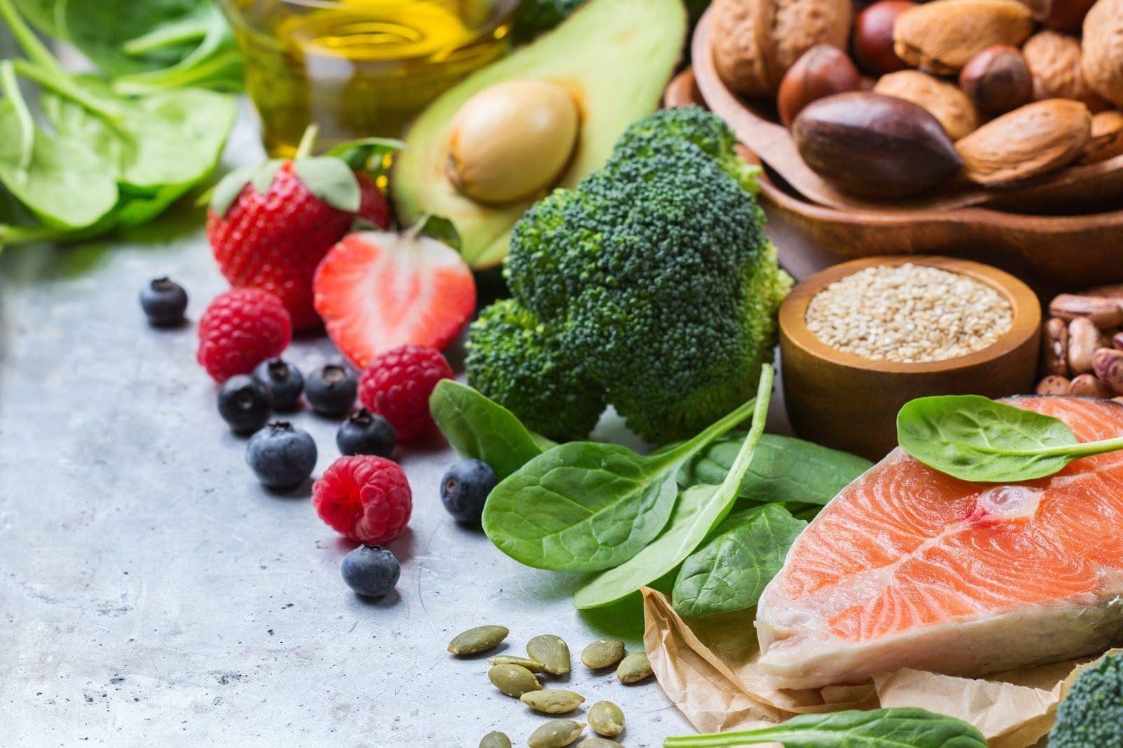 Fruits, vegetables, nuts and salmon.