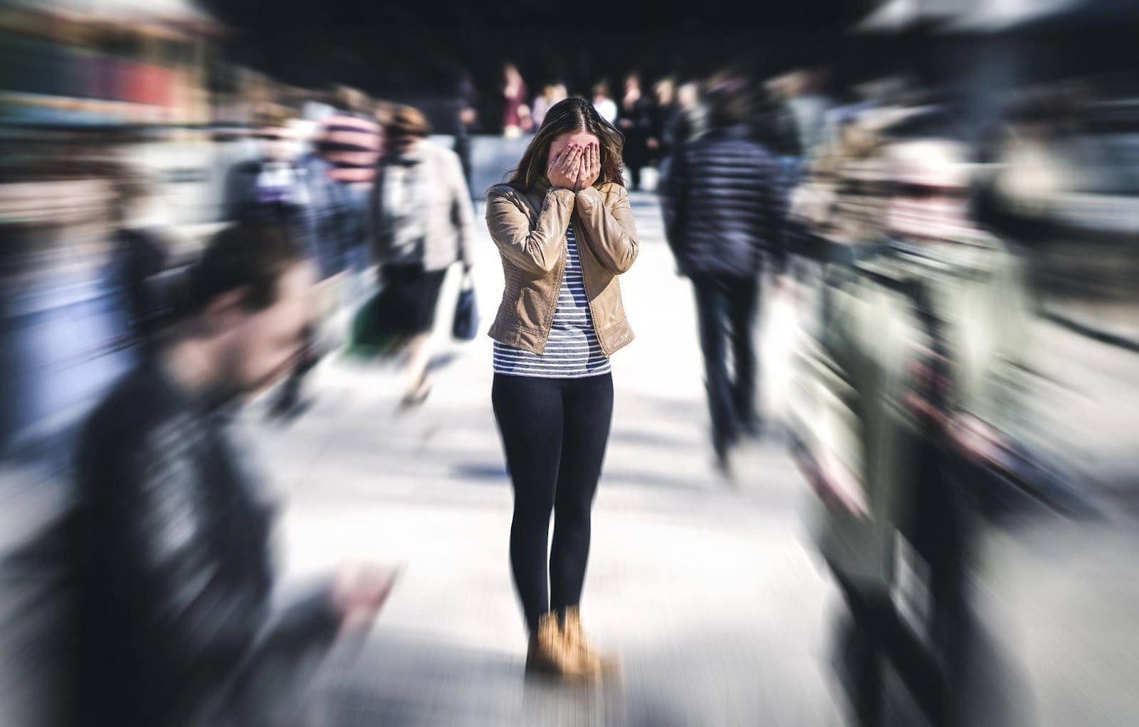 Woman having a panic attack in public.