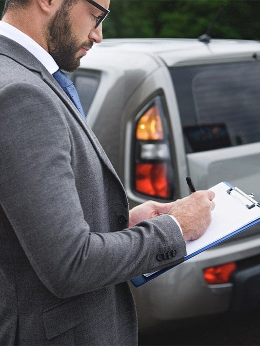 A man is filling out out an auto insurance claim form.